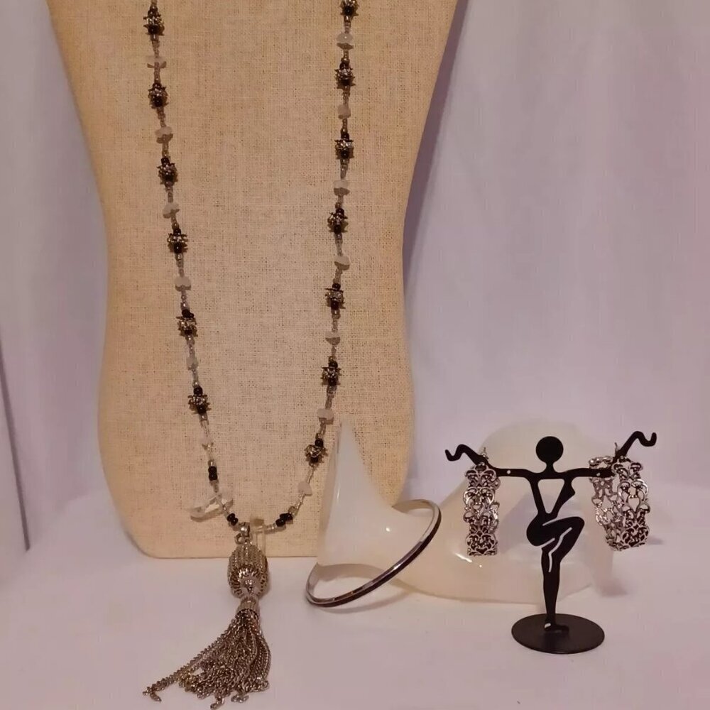 Necklace Earrings and Bangle Lot of 3 Wearable Silver Tone 20"